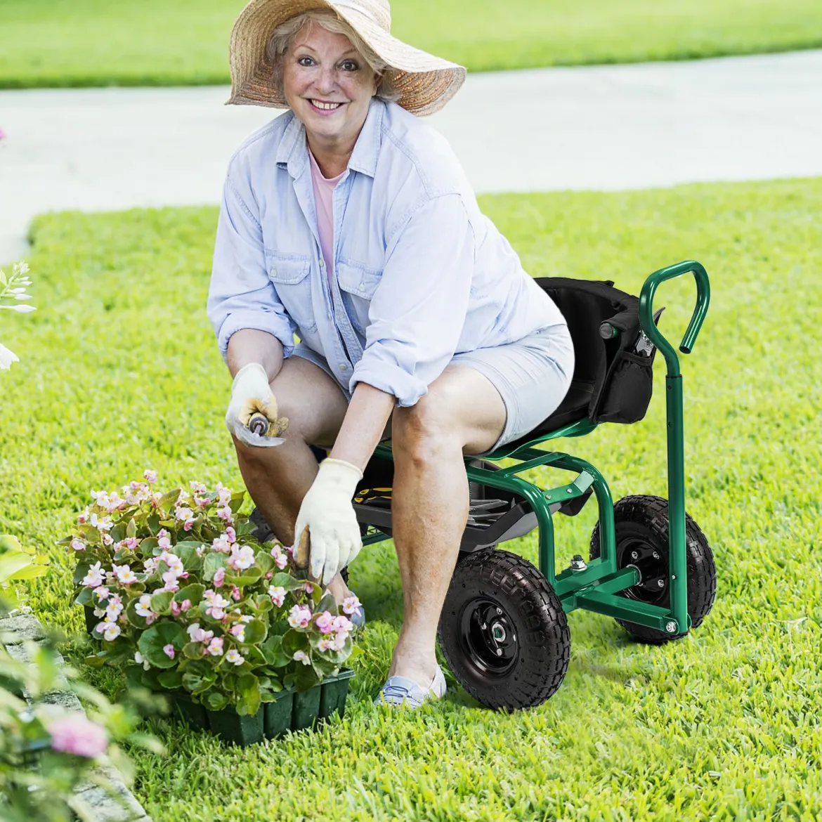 Mobiler Sitz für die Gartenarbeit Gartenwagen lenkbarer Werkzeugwagen mit Tablett Aufbewahrungskorb Grün