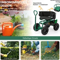 Mobiler Sitz für die Gartenarbeit Gartenwagen lenkbarer Werkzeugwagen mit Tablett Aufbewahrungskorb Grün