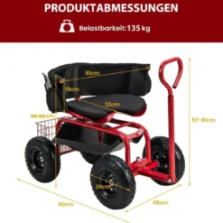 Mobiler Sitz für die Gartenarbeit Gartenwagen lenkbarer Werkzeugwagen mit Tablett Aufbewahrungskorb