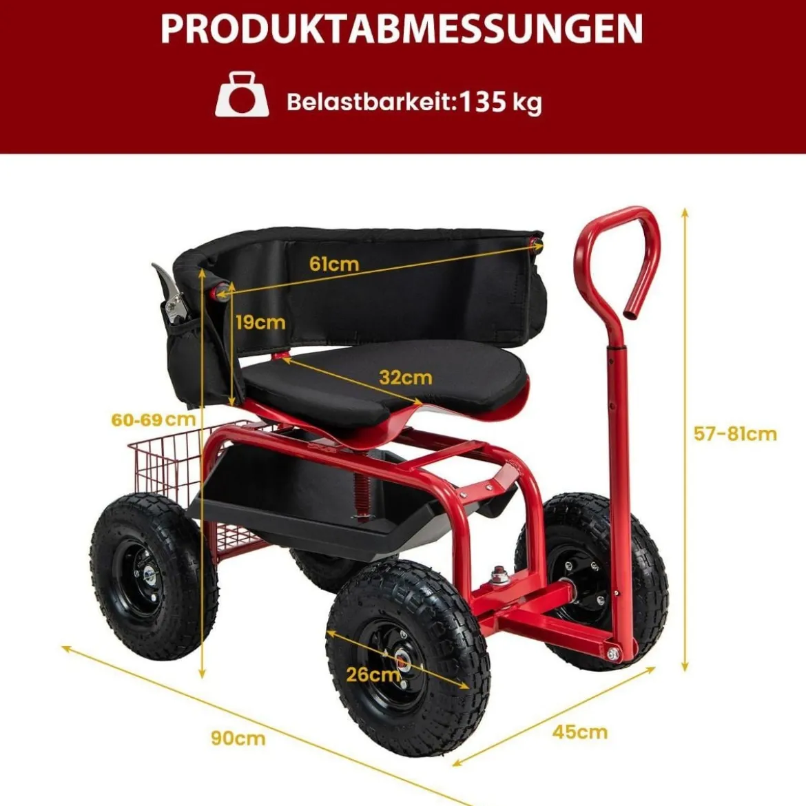 Mobiler Sitz für die Gartenarbeit Gartenwagen lenkbarer Werkzeugwagen mit Tablett Aufbewahrungskorb