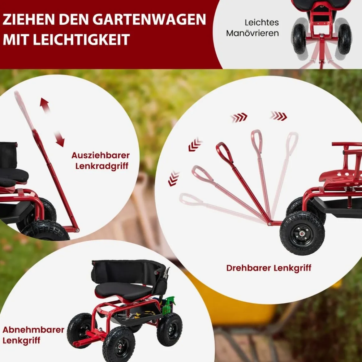 Mobiler Sitz für die Gartenarbeit Gartenwagen lenkbarer Werkzeugwagen mit Tablett Aufbewahrungskorb