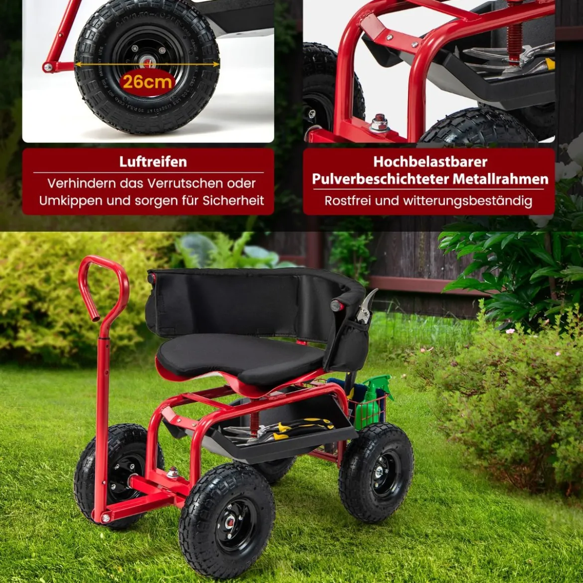 Mobiler Sitz für die Gartenarbeit Gartenwagen lenkbarer Werkzeugwagen mit Tablett Aufbewahrungskorb