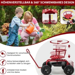 Mobiler Sitz für die Gartenarbeit Gartenwagen lenkbarer Werkzeugwagen mit Tablett Aufbewahrungskorb