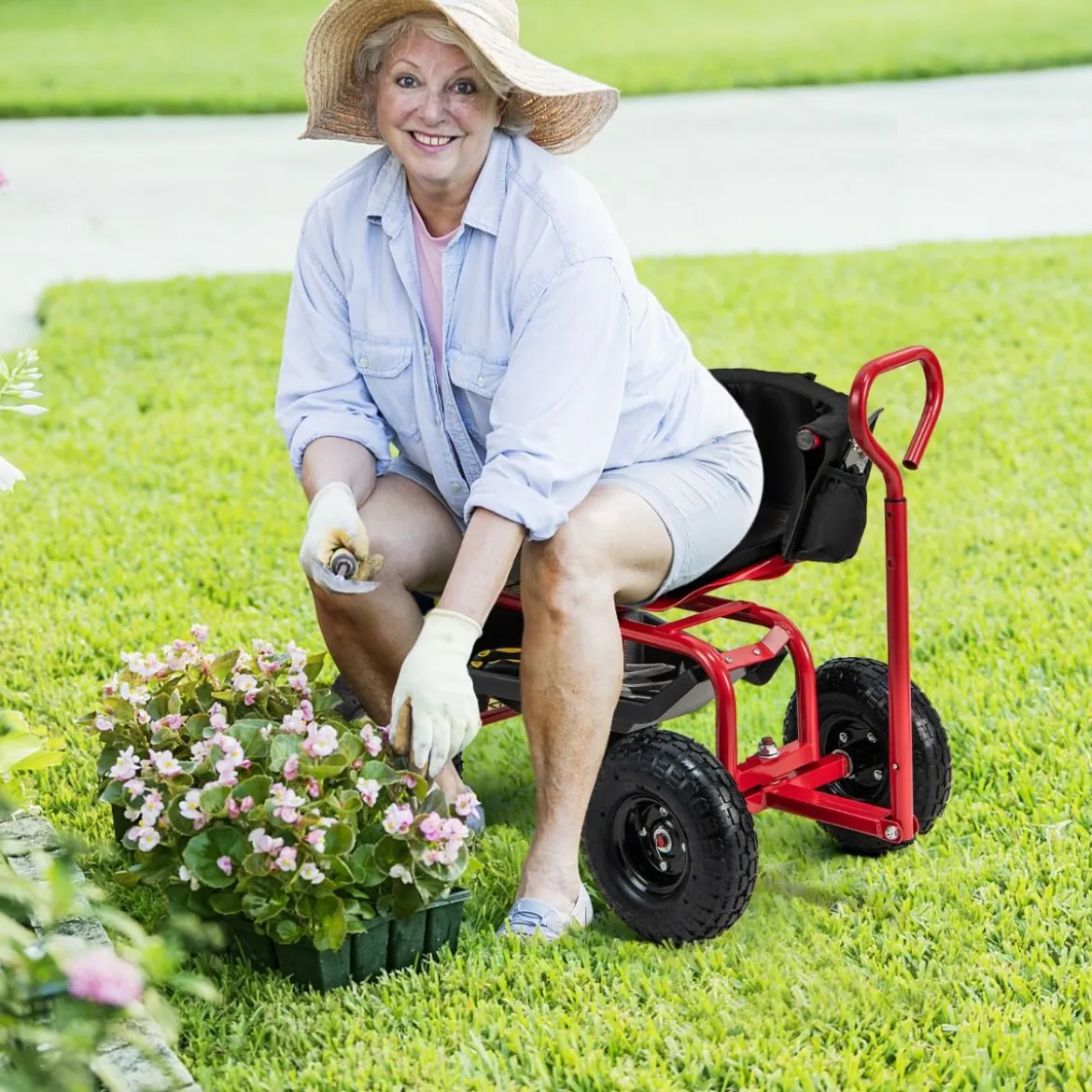 Mobiler Sitz für die Gartenarbeit Gartenwagen lenkbarer Werkzeugwagen mit Tablett Aufbewahrungskorb