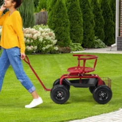 Mobiler Sitz für die Gartenarbeit Gartenwagen lenkbarer Werkzeugwagen mit Tablett Aufbewahrungskorb