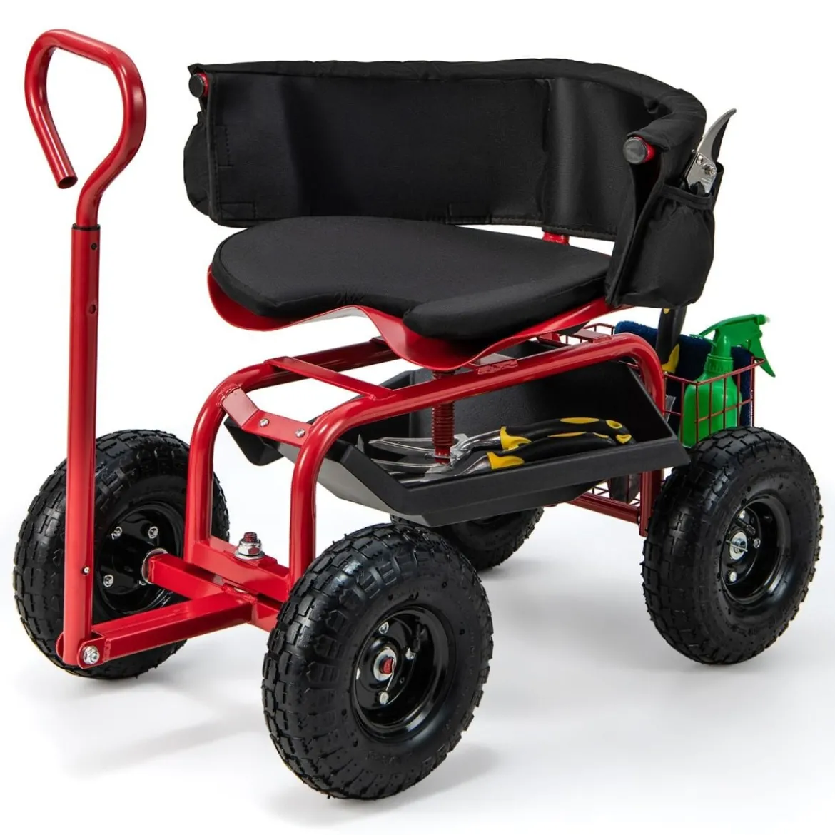 Mobiler Sitz für die Gartenarbeit Gartenwagen lenkbarer Werkzeugwagen mit Tablett Aufbewahrungskorb