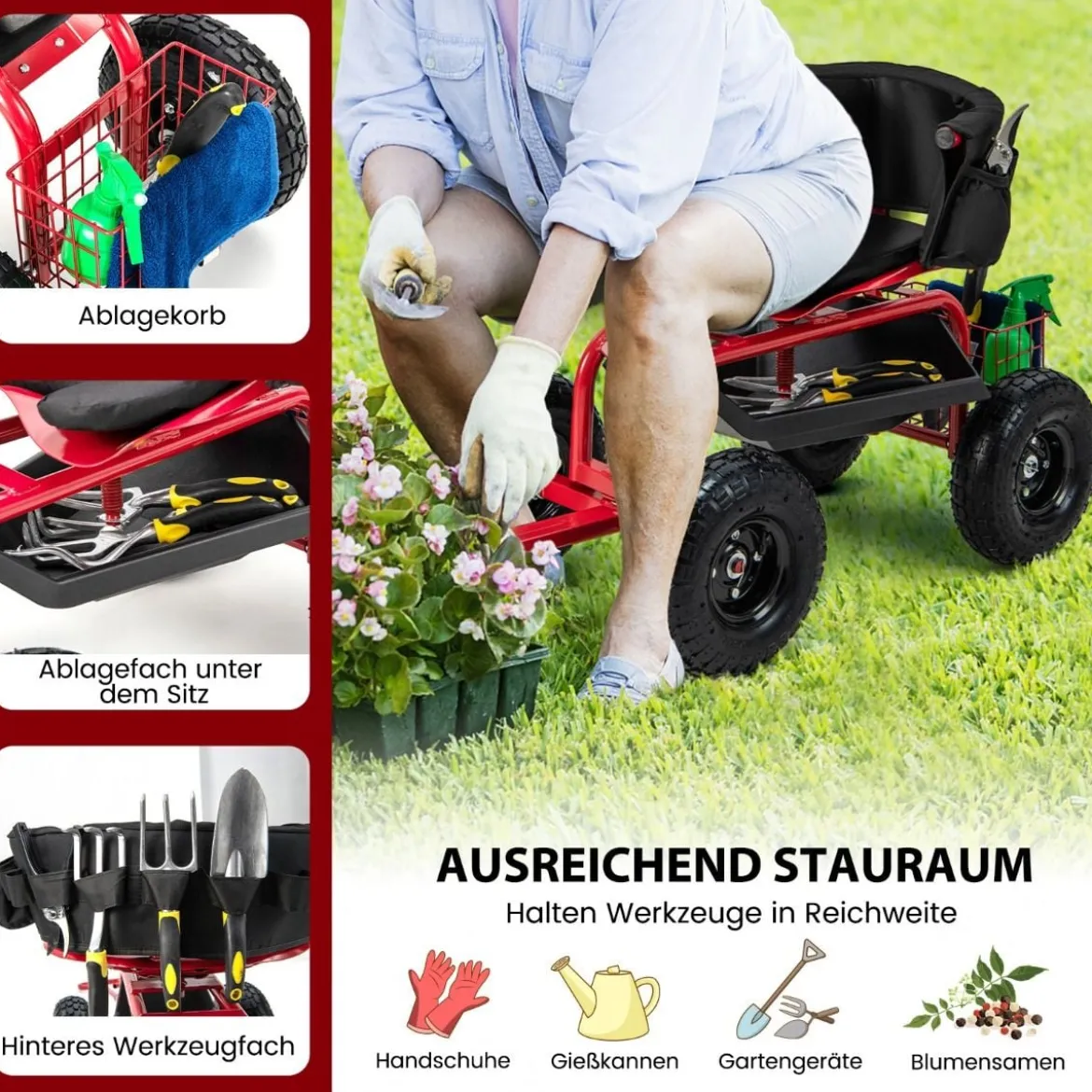 Mobiler Sitz für die Gartenarbeit Gartenwagen lenkbarer Werkzeugwagen mit Tablett Aufbewahrungskorb
