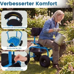 Mobiler Sitz für die Gartenarbeit Gartenwagen Lenkbarer Werkzeugwagen mit Aufbewahrungskorb Blau