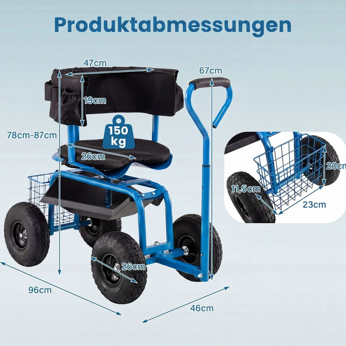 Mobiler Sitz für die Gartenarbeit Gartenwagen Lenkbarer Werkzeugwagen mit Aufbewahrungskorb Blau