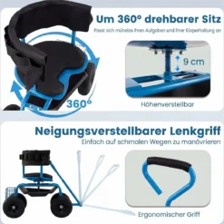Mobiler Sitz für die Gartenarbeit Gartenwagen Lenkbarer Werkzeugwagen mit Aufbewahrungskorb Blau