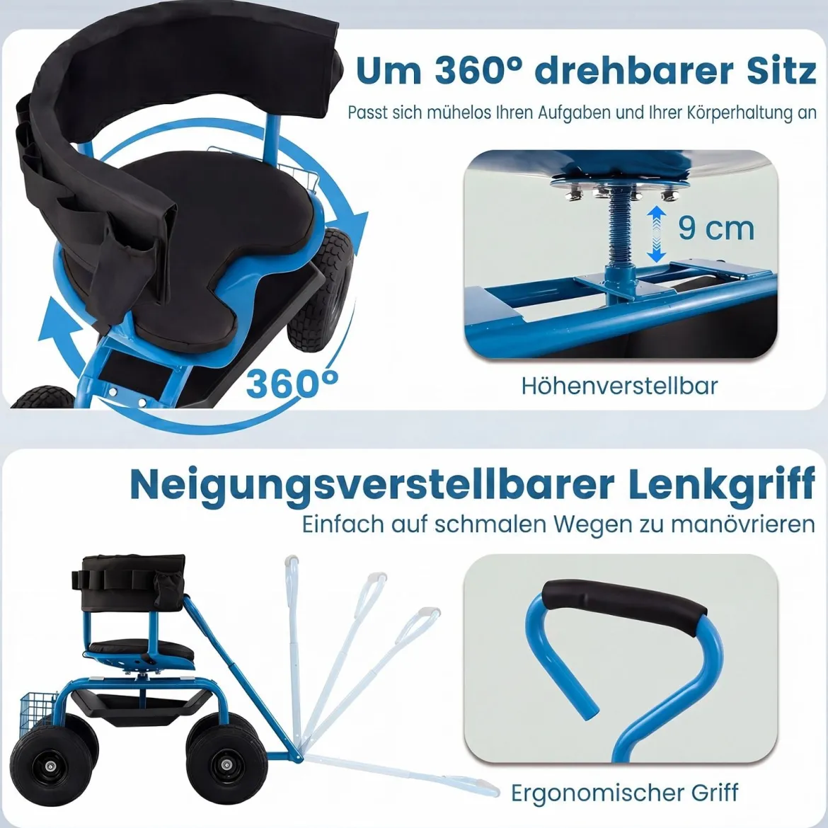 Mobiler Sitz für die Gartenarbeit Gartenwagen Lenkbarer Werkzeugwagen mit Aufbewahrungskorb Blau