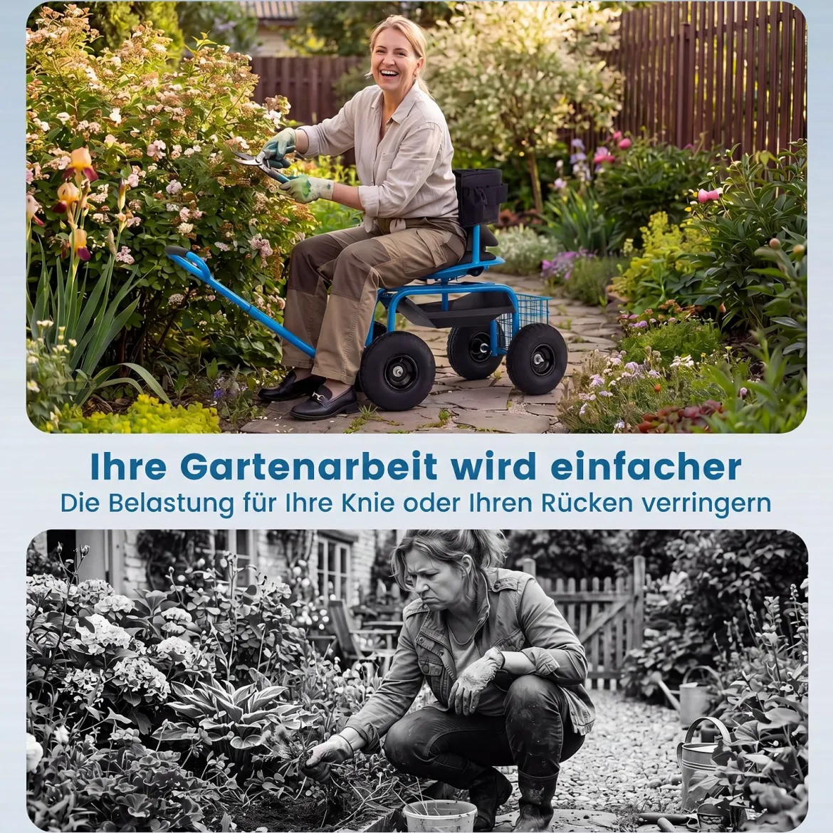 Mobiler Sitz für die Gartenarbeit Gartenwagen Lenkbarer Werkzeugwagen mit Aufbewahrungskorb Blau