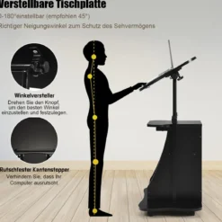Mobiler Stehpult mit Neigbarer Tischplatte & Offenen Fächern Höhenverstellbarer Rednerpult Schwarz