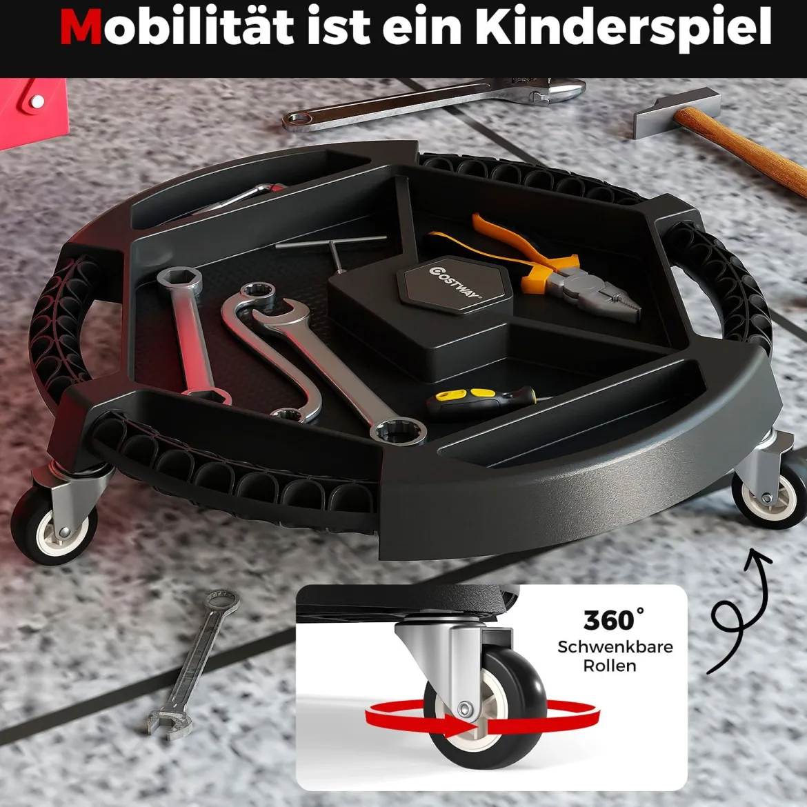 Mobiler Werkzeug-Creeper rollendes Caddy-Tablett mit 3 schwenkbaren Rollen und 4 Fächern 136kg Tragfähigkeit Schwarz