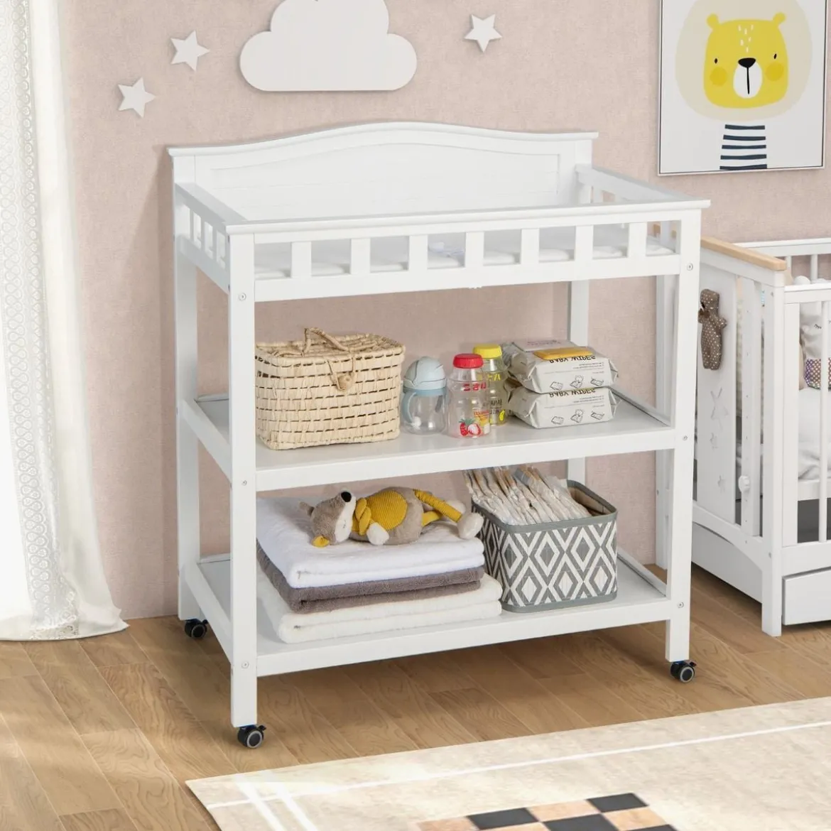 Mobiler Wickeltisch Wickelstation für Babys mit Unterlage und 2 offenen Regalen 87 x 50 x 99 cm
