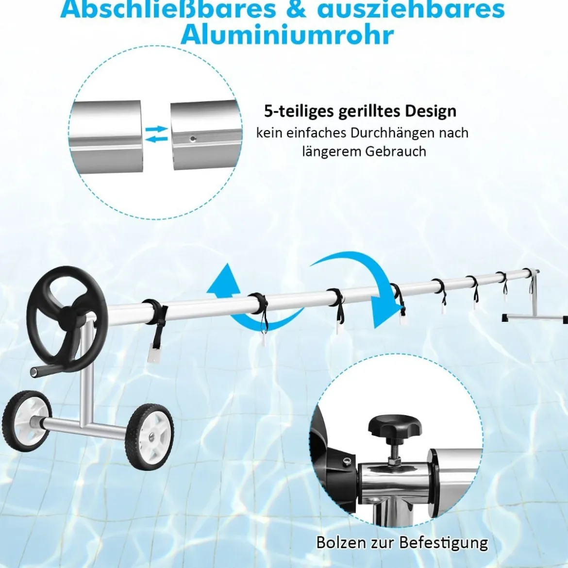 Mobiles Aufrollsystem für Solar- und Poolplanen Länge von 1,65m - 7m Pool Aufroller