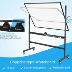 mobiles magnetisches großes reversibles Whiteboard um 360° drehbar 90 x 120 cm Schwarz + Weiß