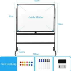 mobiles magnetisches großes reversibles Whiteboard um 360° drehbar 90 x 120 cm Schwarz + Weiß