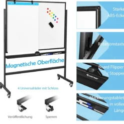 mobiles magnetisches großes reversibles Whiteboard um 360° drehbar 90 x 120 cm Schwarz + Weiß