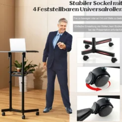 Mobiles Rednerpult Stehpult höhenverstellbarer Laptopwagen mit neigbarer Tischplatte Schwarz