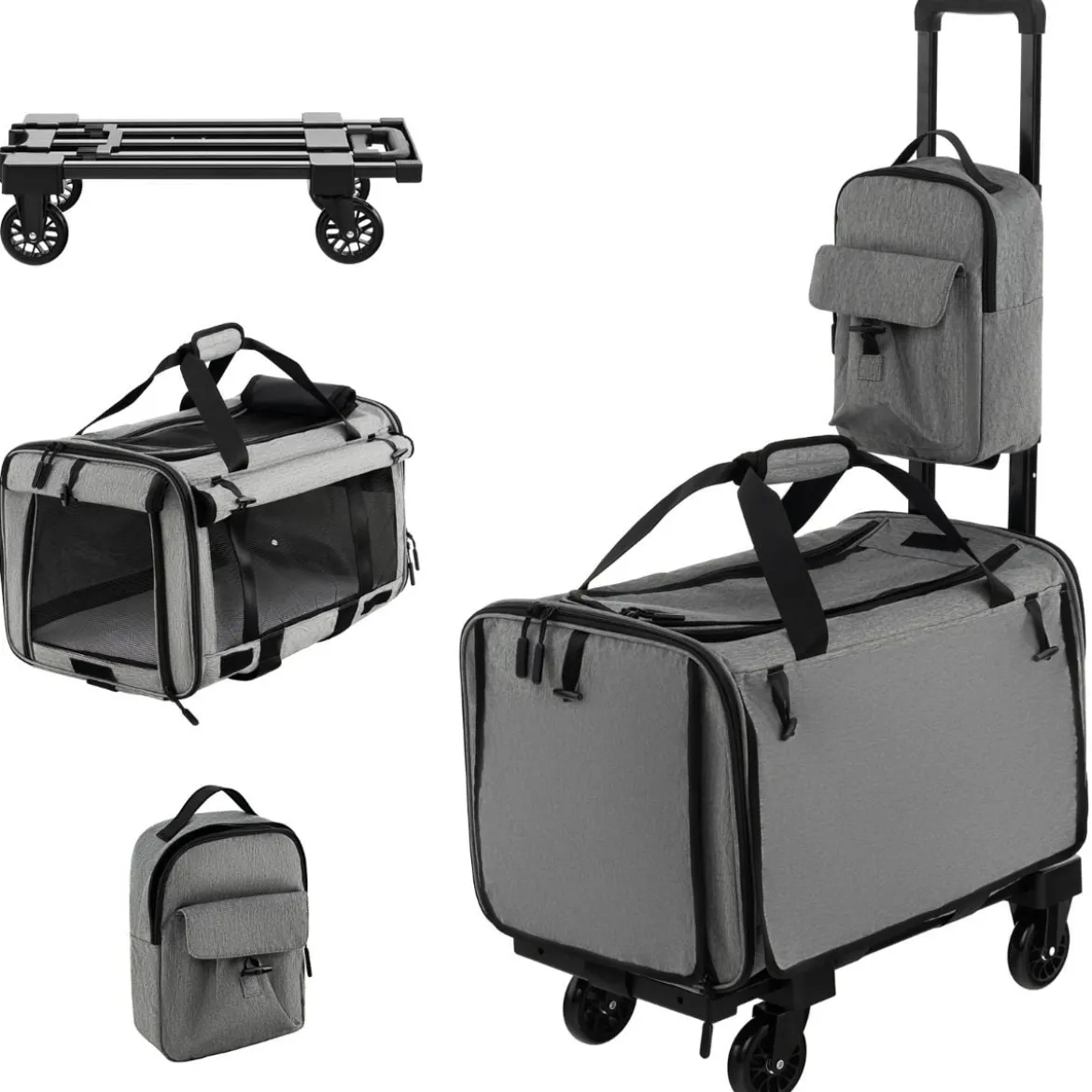 Mobile Transportbox mit Teleskopgriff & Rädern & Kleine Tasche für Katze Hunde Grau