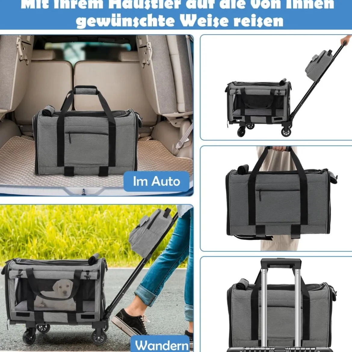 Mobile Transportbox mit Teleskopgriff & Rädern & Kleine Tasche für Katze Hunde Grau