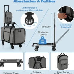 Mobile Transportbox mit Teleskopgriff & Rädern & Kleine Tasche für Katze Hunde Grau