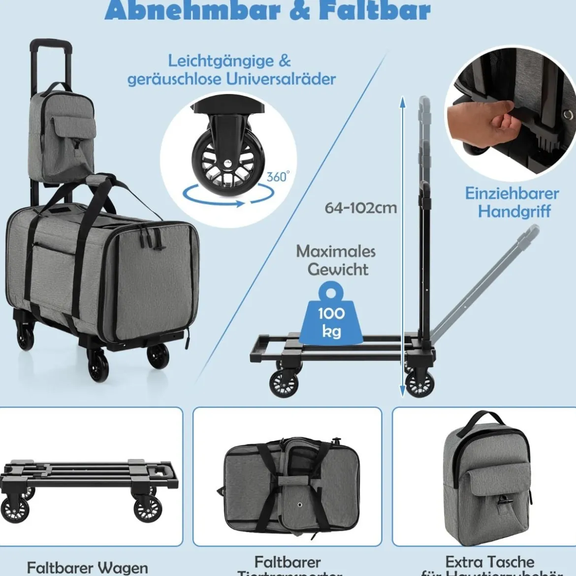 Mobile Transportbox mit Teleskopgriff & Rädern & Kleine Tasche für Katze Hunde Grau