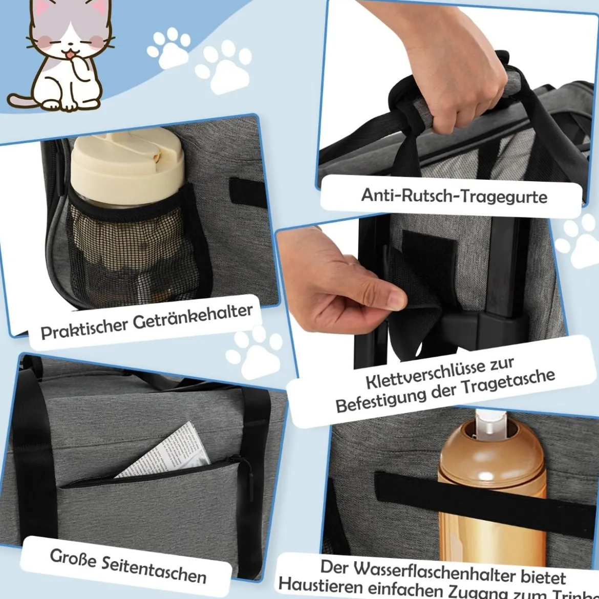 Mobile Transportbox mit Teleskopgriff & Rädern & Kleine Tasche für Katze Hunde Grau