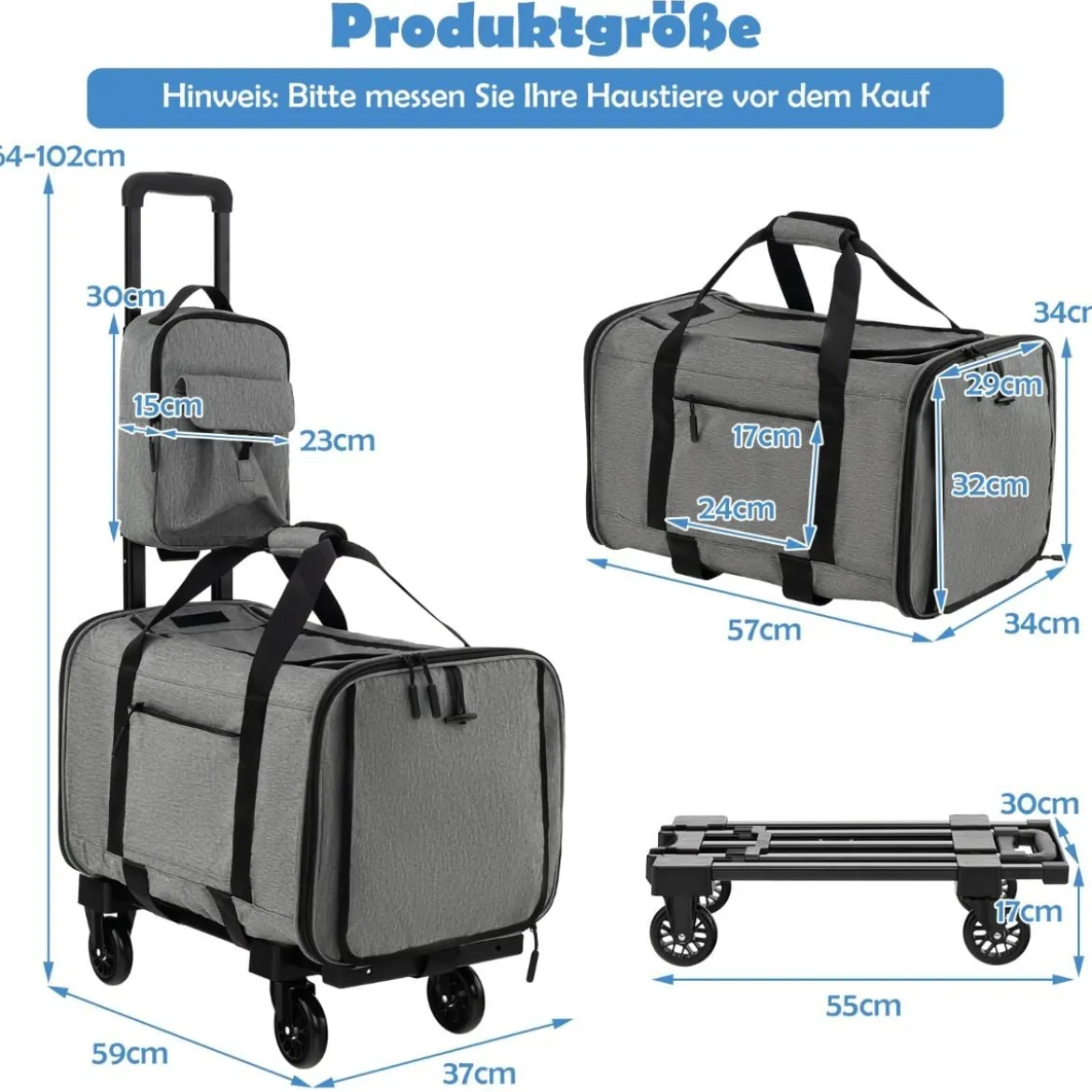 Mobile Transportbox mit Teleskopgriff & Rädern & Kleine Tasche für Katze Hunde Grau