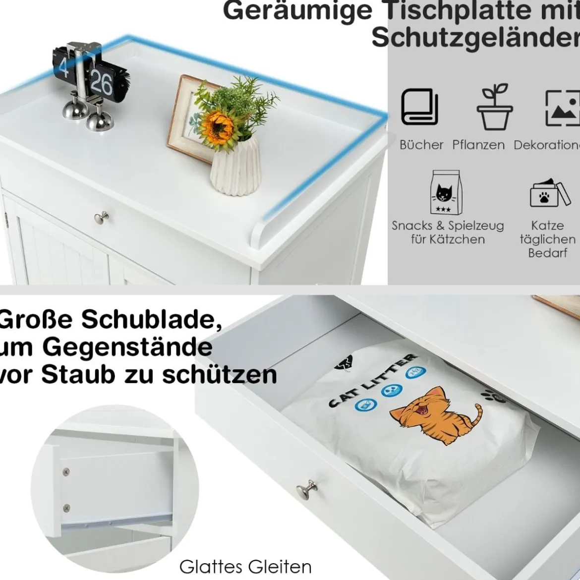 Moderne Dekorative Katzentoilette Beistelltisch mit Schublade und 2 Türen für den Innenbereich Weiß