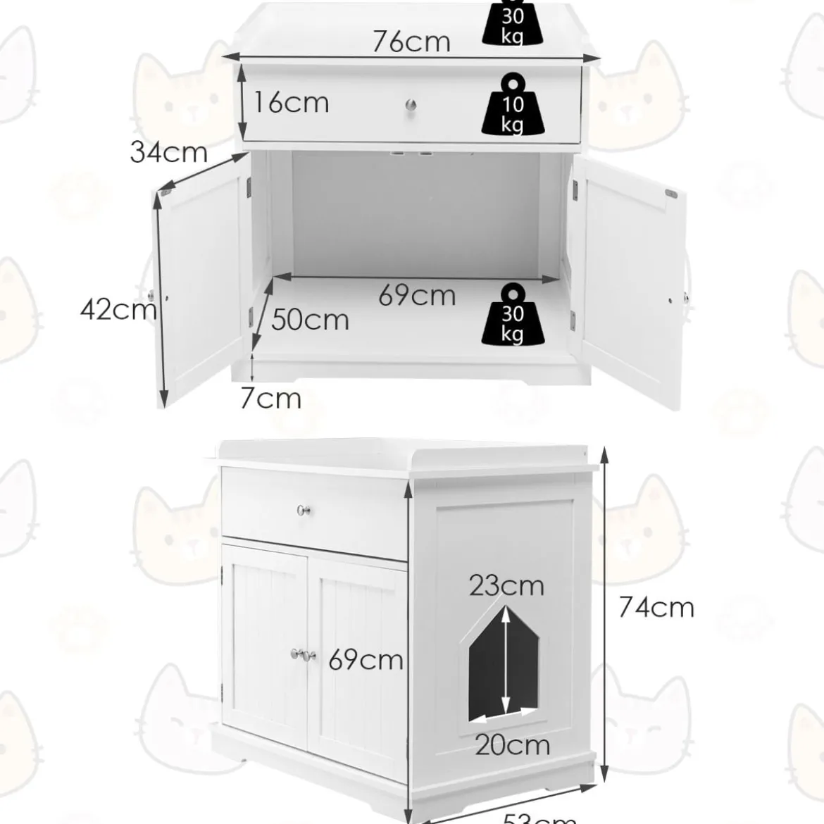 Moderne Dekorative Katzentoilette Beistelltisch mit Schublade und 2 Türen für den Innenbereich Weiß