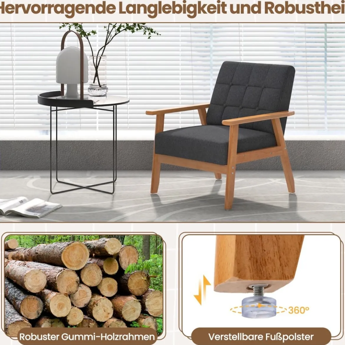Moderner Akzentstuhl mit Knopfsteppung aus Atmungsaktivem Leinenstoff & Massivem Gummibaumrahmen