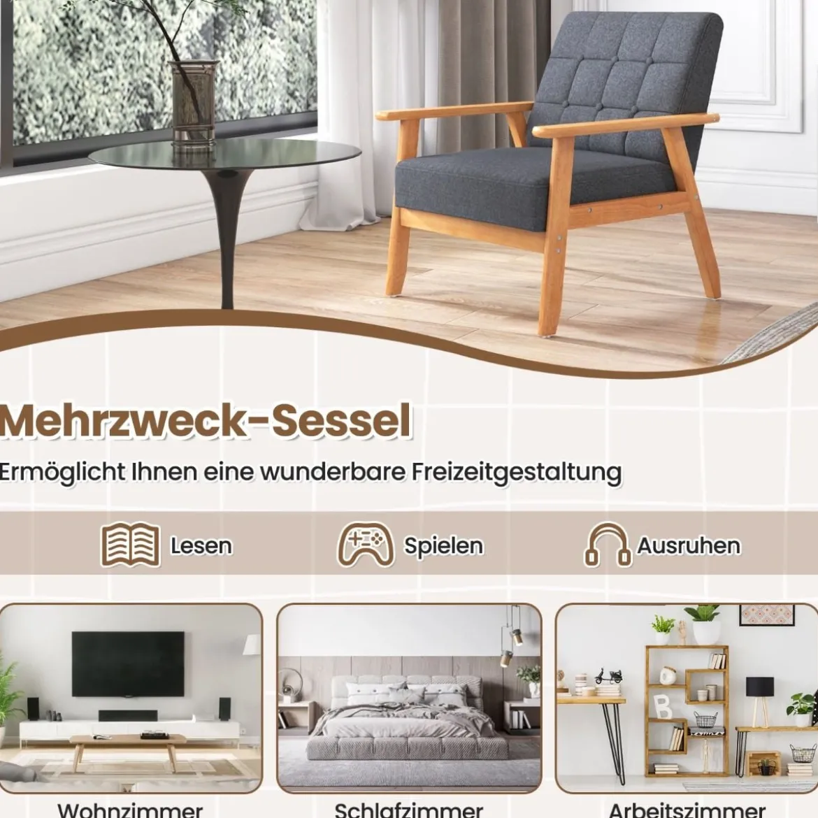 Moderner Akzentstuhl mit Knopfsteppung aus Atmungsaktivem Leinenstoff & Massivem Gummibaumrahmen