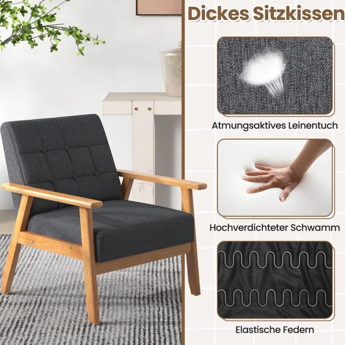 Moderner Akzentstuhl mit Knopfsteppung aus Atmungsaktivem Leinenstoff & Massivem Gummibaumrahmen