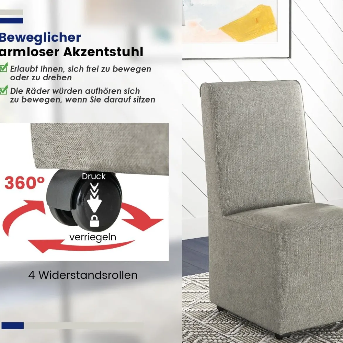 Moderner armloser Akzentstuhl mit Widerstandsrollen & abnehmbarem Bezug bequemer Lesestuhl 47 x 60,5 x 98 cm