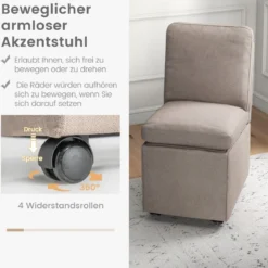 Moderner armloser Akzentstuhl mit Widerstandsrollen & abnehmbaren verdickten Kissen Freizeitstuhl 48 x 61,5 x 84 cm