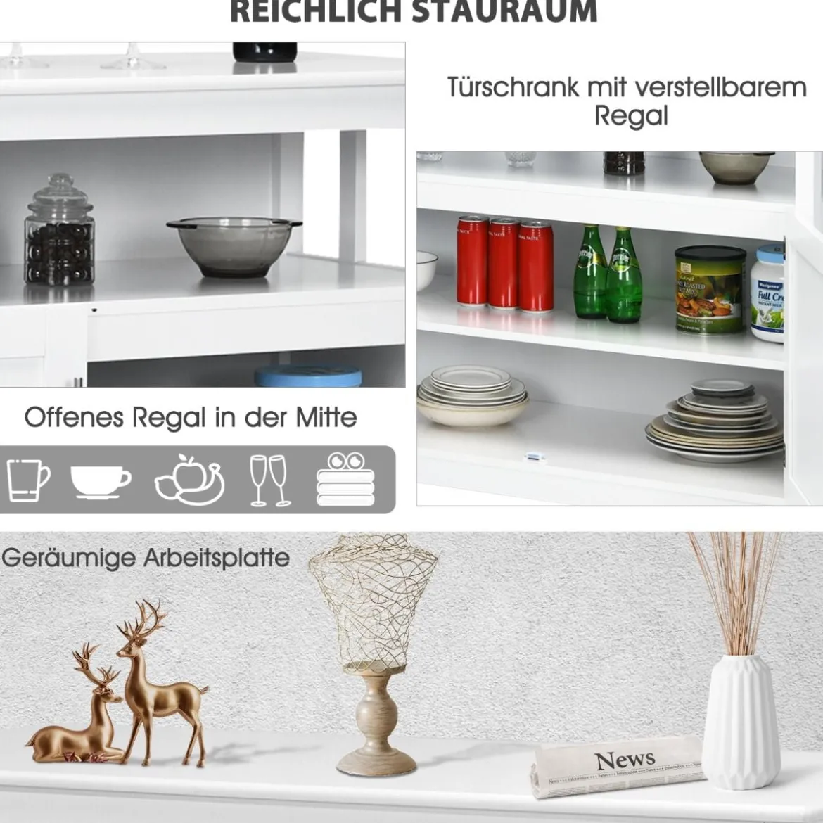 Moderner Aufbewahrungsschrank Sideboard mit verstellbarem Innenregal und 2 Türen Weiß