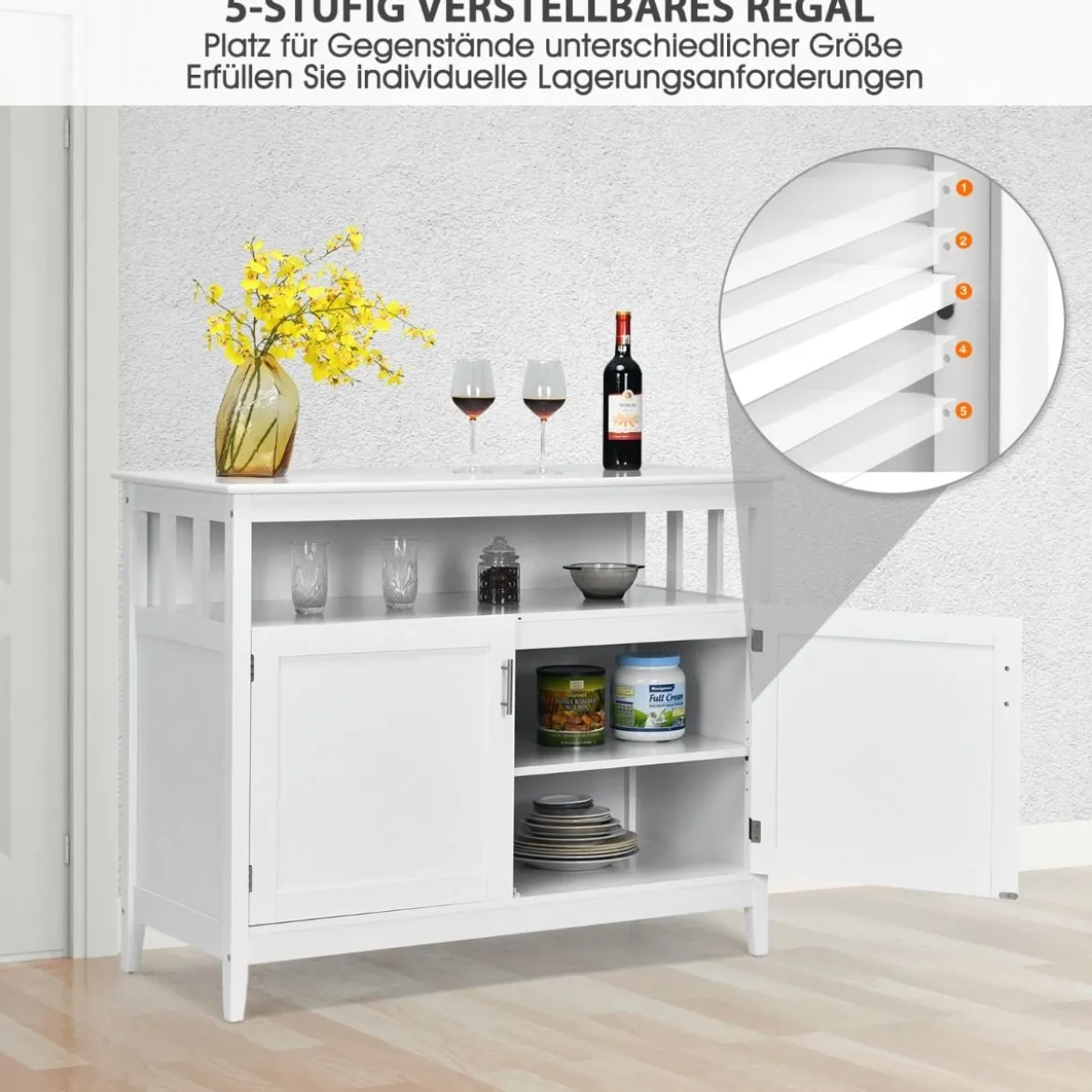 Moderner Aufbewahrungsschrank Sideboard mit verstellbarem Innenregal und 2 Türen Weiß