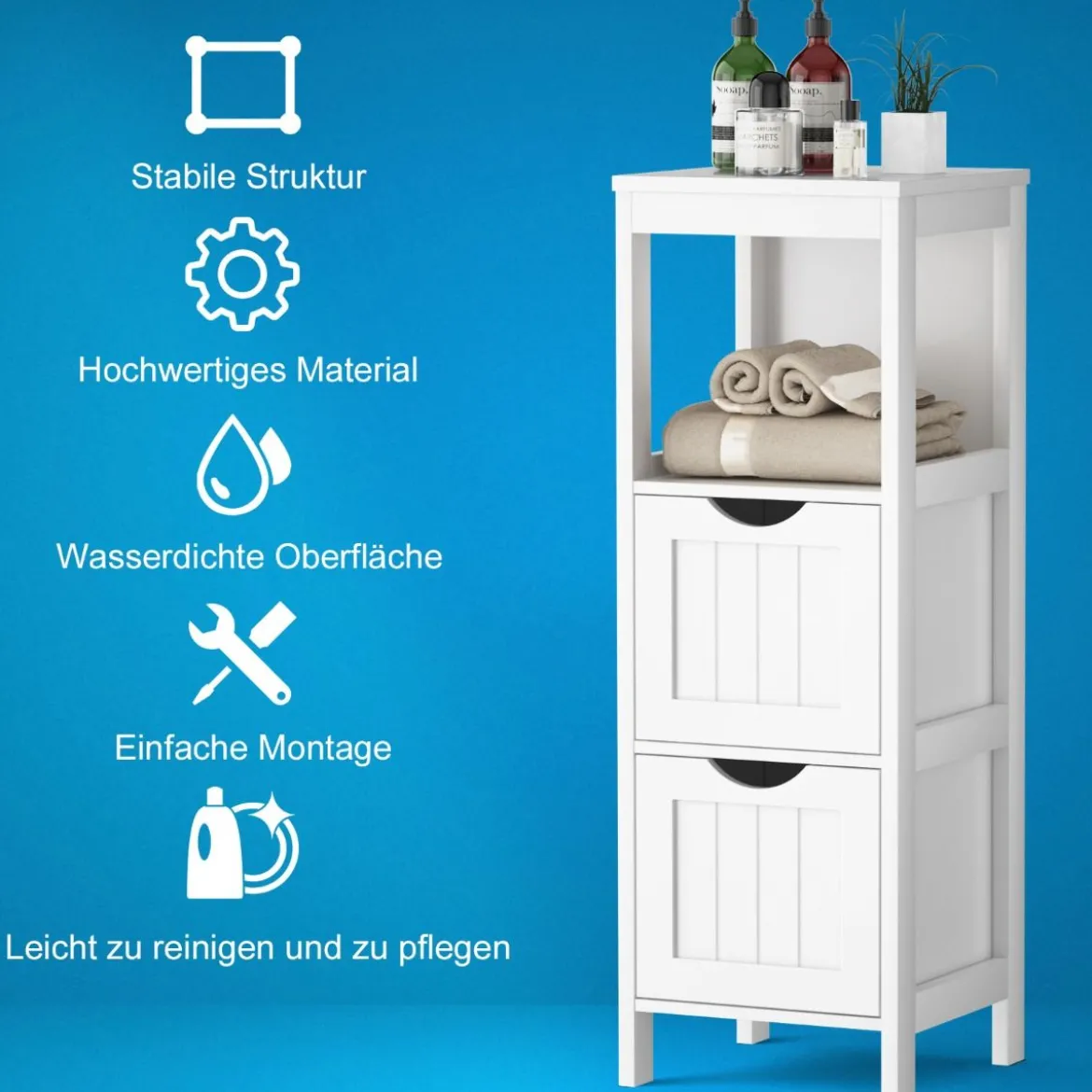 Moderner Badezimmerschrank mit 2 herausnehmbaren Schubladen & offenem Mehrzweckregal Weiß