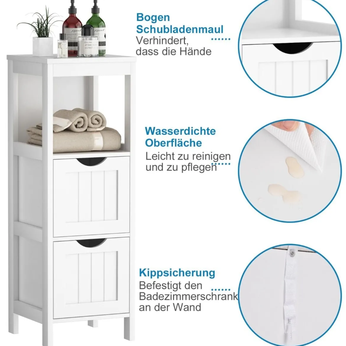 Moderner Badezimmerschrank mit 2 herausnehmbaren Schubladen & offenem Mehrzweckregal Weiß