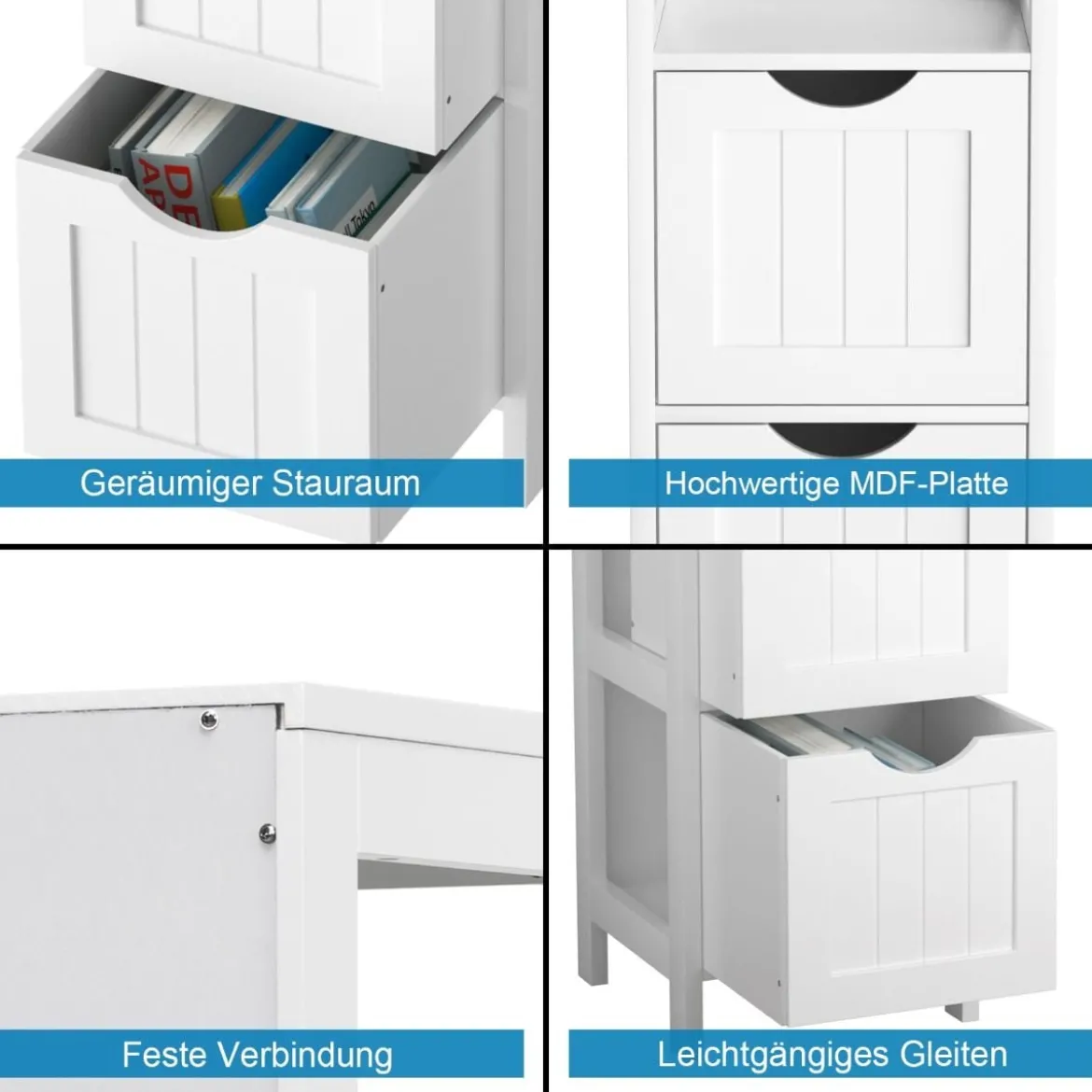 Moderner Badezimmerschrank mit 2 herausnehmbaren Schubladen & offenem Mehrzweckregal Weiß