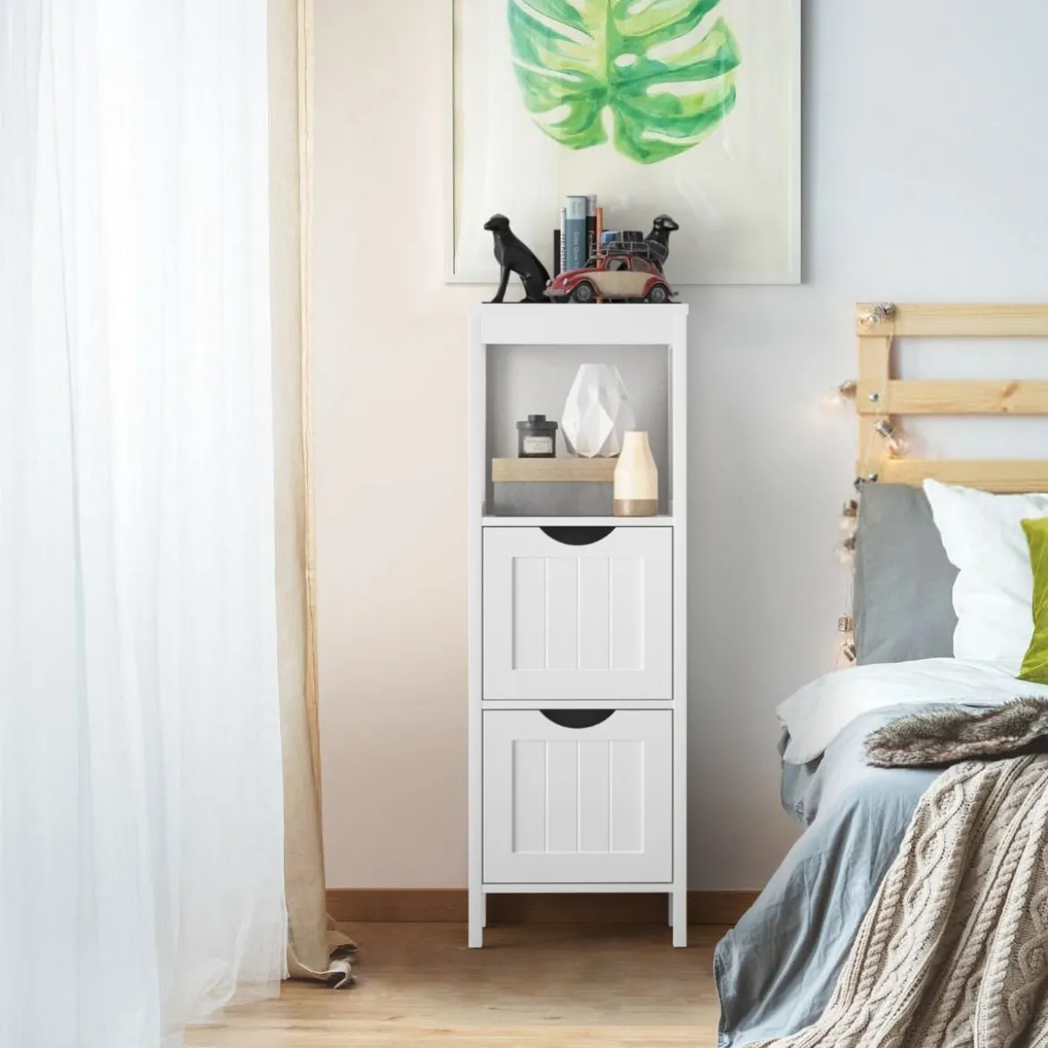 Moderner Badezimmerschrank mit 2 herausnehmbaren Schubladen & offenem Mehrzweckregal Weiß