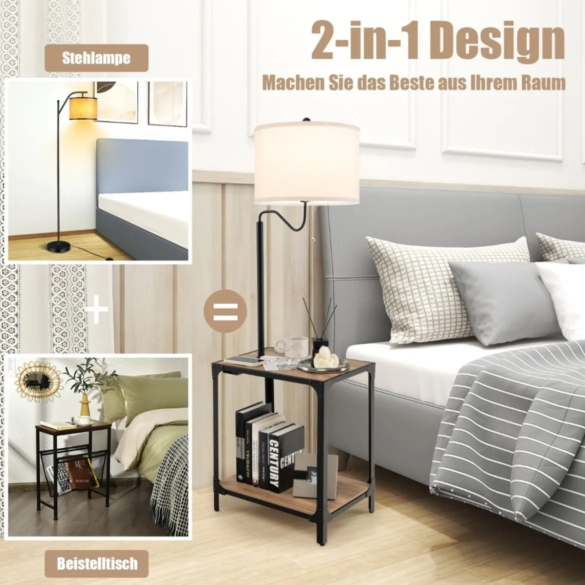 Moderner Beistelltisch mit Tischlampe & 360° Drehbarer Nachttischlampe 49 x 34 x 144 cm