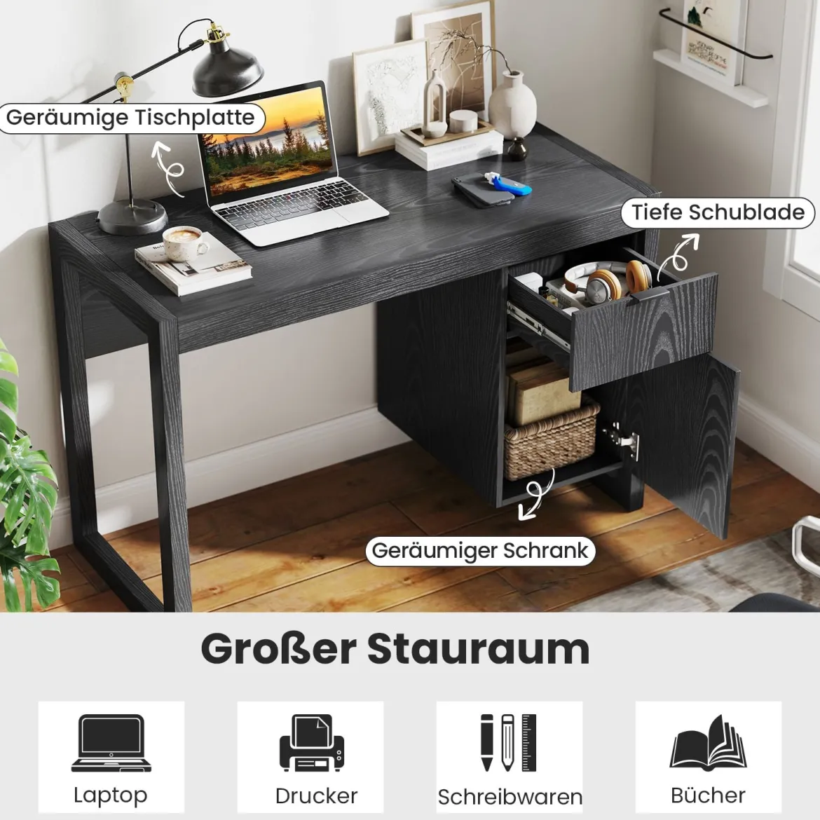 Moderner Computer-Schreibtisch Schreibtisch mit Aufbewahrungsschrank Schwarz