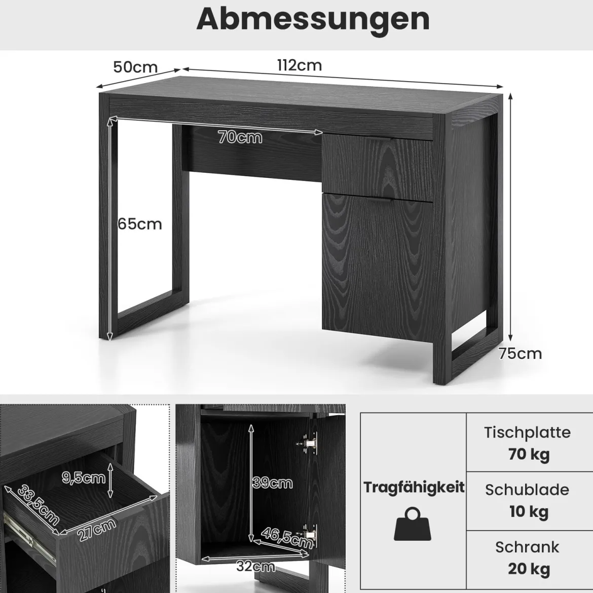 Moderner Computer-Schreibtisch Schreibtisch mit Aufbewahrungsschrank Schwarz