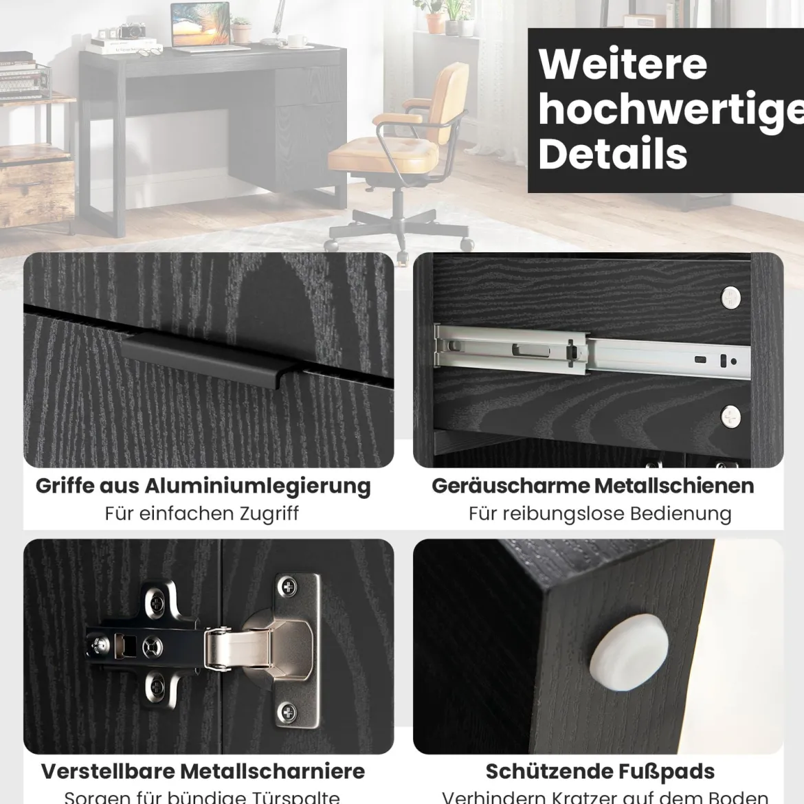 Moderner Computer-Schreibtisch Schreibtisch mit Aufbewahrungsschrank Schwarz