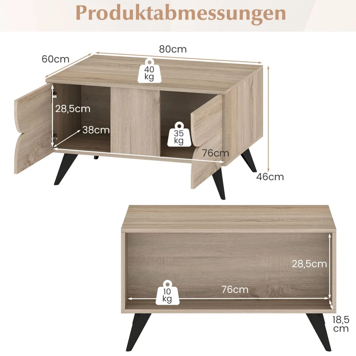 Moderner Couchtisch mit Stauraum Farmhouse-Akzenttisch mit offenen Fächern & 3 Schubladen 80 x 60 x 46 cm Eiche