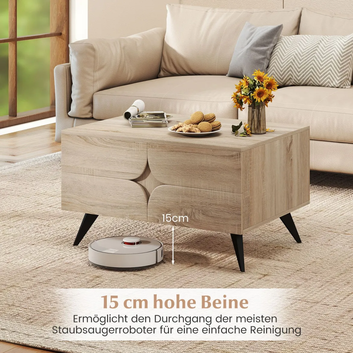 Moderner Couchtisch mit Stauraum Farmhouse-Akzenttisch mit offenen Fächern & 3 Schubladen 80 x 60 x 46 cm Eiche