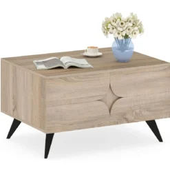 Moderner Couchtisch mit Stauraum Farmhouse-Akzenttisch mit offenen Fächern & 3 Schubladen 80 x 60 x 46 cm Eiche